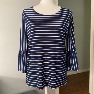 NEW! Chico's Bell Sleeve Navy White Striped Top Keyhole Back Stretch Size Small